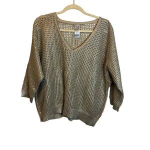 Chico's Sweater Women's Size XL Knit V Neck Metallic Gold Shimmer Chicos 3